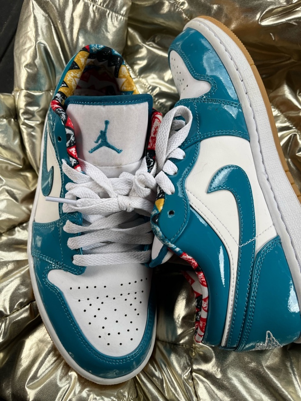 Jordan Kids Teal Patent Leather & White Low-Top Sneakers